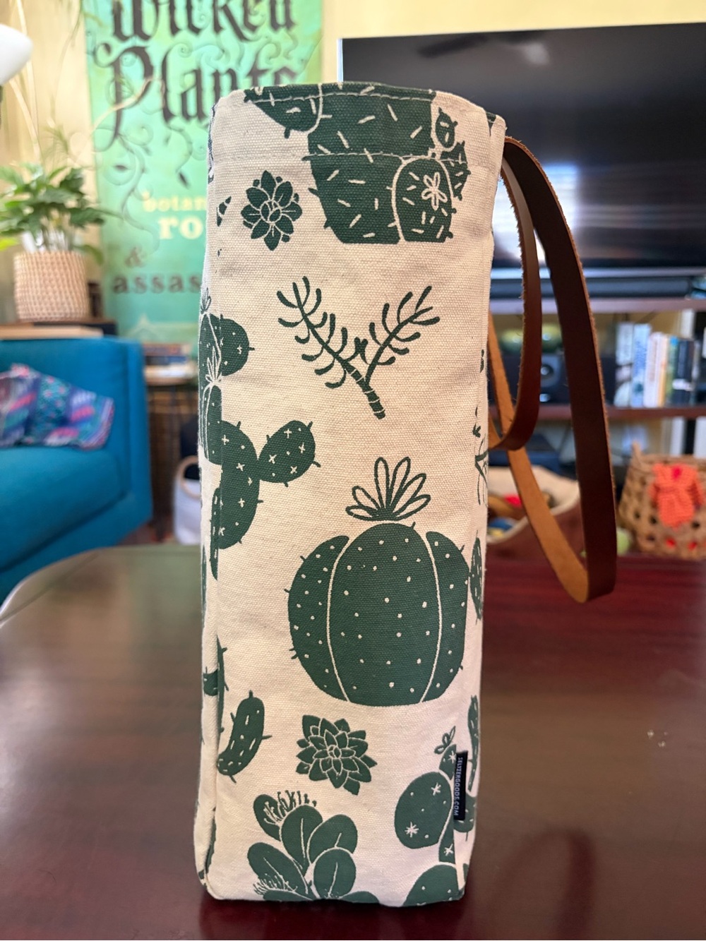 Canvas Cactus Print Tote with Brown Leather Straps - Picture 3 of 5